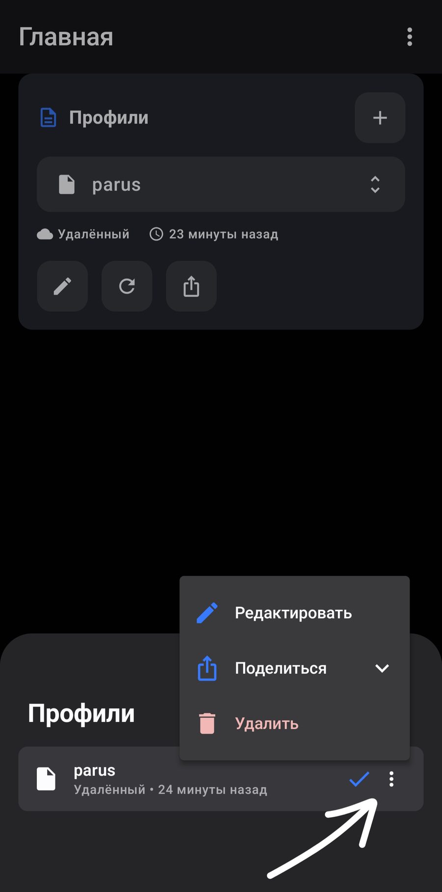 Меню профиля: Редактировать, Поделиться, Удалить